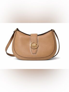 Michael Kors Camel Leather Shoulder Bag with Gold MK Emblem